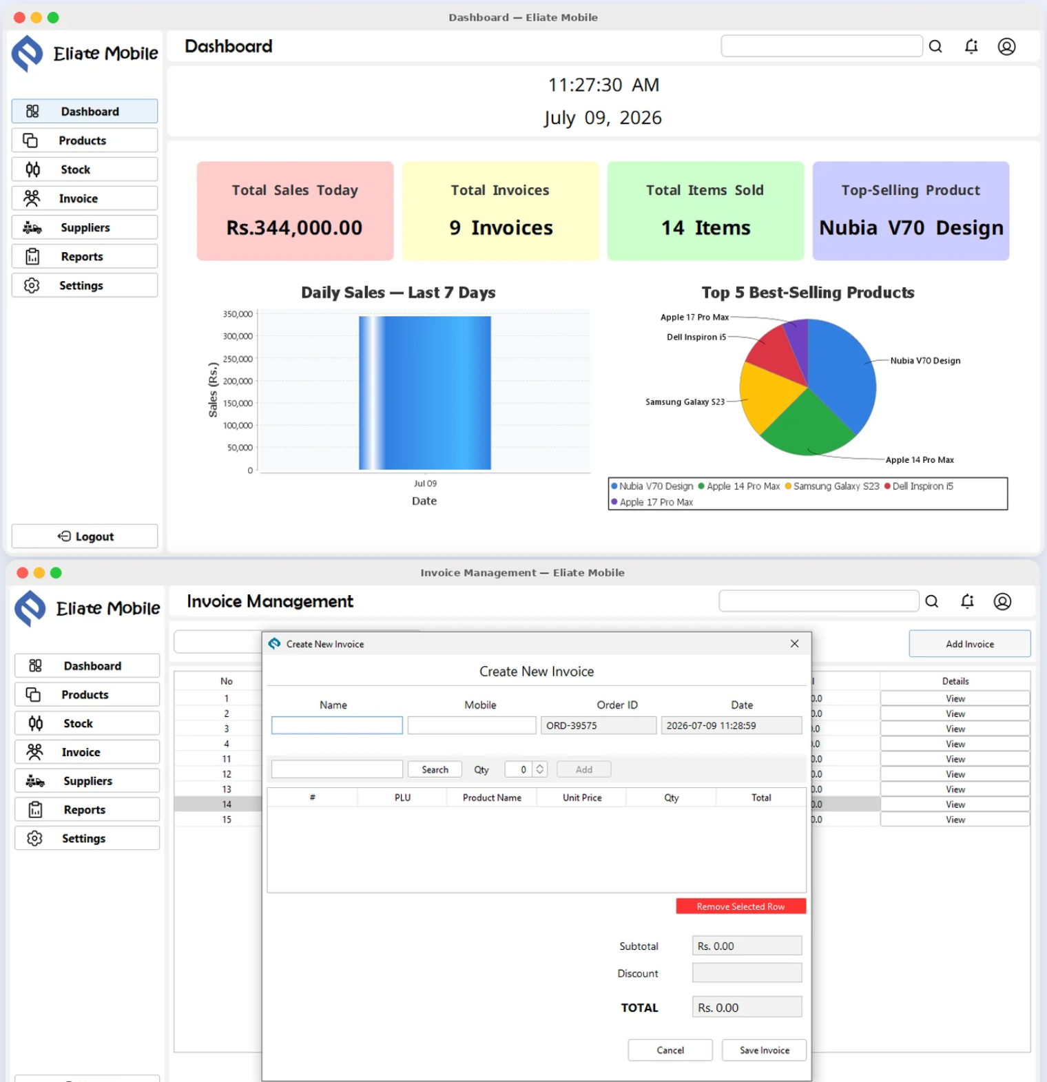 Eliate Mobile Shop dashboard